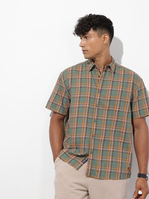 Roadster Men Checkered Casual Green Shirt