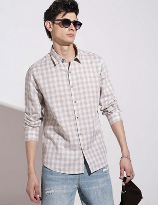 SHOWOFFFF Men Checkered Casual Beige Shirt