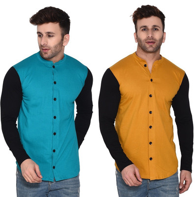 BEYOU FASHION Men Solid Casual Blue, Black, Yellow Shirt(Pack of 2)