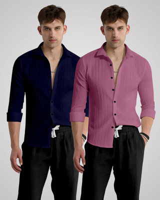 kruze Men Self Design Casual Dark Blue, Pink Shirt(Pack of 2)