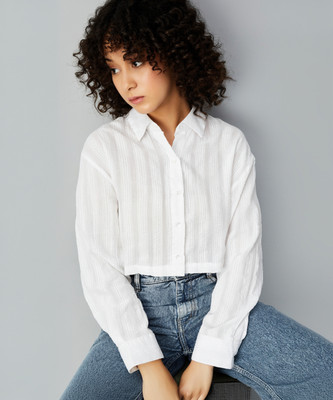 MAX Women Striped Casual White Shirt
