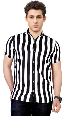 Floura Men Striped Casual White, Black Shirt
