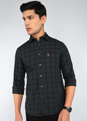 U.S. POLO ASSN. Men Checkered Casual Dark Green Shirt