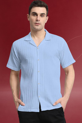 A DEEMOON TREND Men Self Design Casual Light Blue Shirt