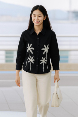 StreetWardrobe Women Embroidered Casual Black, White Shirt