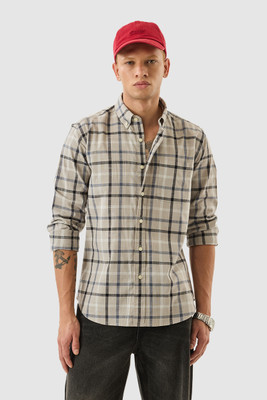 Snitch Men Checkered Casual Beige Shirt