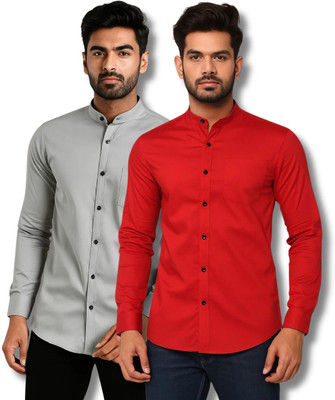 GOD HEART Men Solid Casual Grey, Red Shirt(Pack of 2)