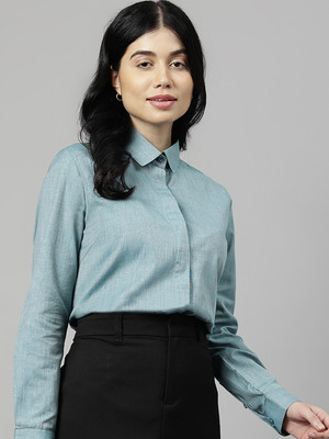 English Navy Women Self Design Formal Green Shirt