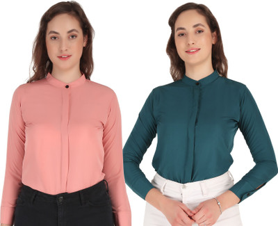 Giggles Women Solid Formal Blue, Pink Shirt(Pack of 2)