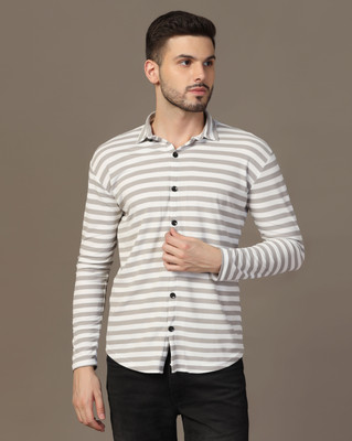 GEUM Men Striped Casual Grey Shirt