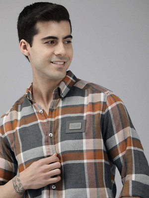 THE BEAR HOUSE Men Checkered Casual Orange Shirt