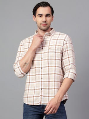 CANTABIL Men Checkered Casual Beige Shirt