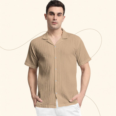 METRON Men Self Design Casual Cream Shirt
