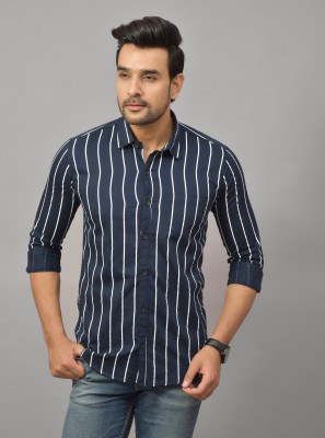 Hems trends Men Striped Casual Dark Blue Shirt