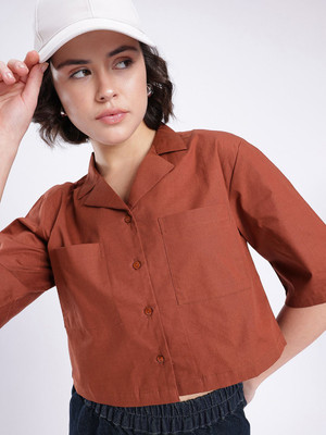 Glitchez Women Solid Casual Brown Shirt