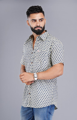 Sanganer Export Men Printed Casual White, Dark Blue Shirt