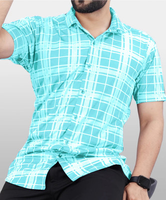 dream believe fashion Men Checkered Casual White, Light Blue Shirt