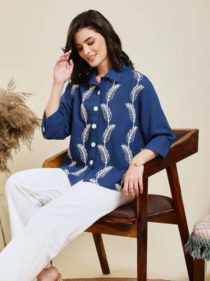 J TURRITOPSIS Women Embroidered Casual Blue Shirt