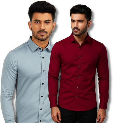 ClothTheory Men Solid Casual Grey, Maroon Shirt(Pack of 2)