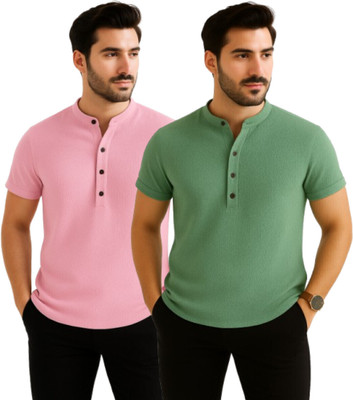 METRONAUT Men Self Design Casual Pink, Green Shirt(Pack of 2)