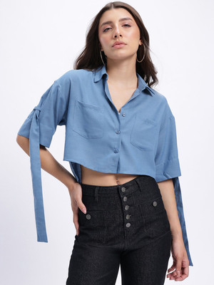 Glitchez Women Solid Casual Blue Shirt