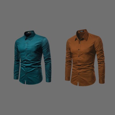 Mayan Men Solid Casual Brown, Dark Blue Shirt