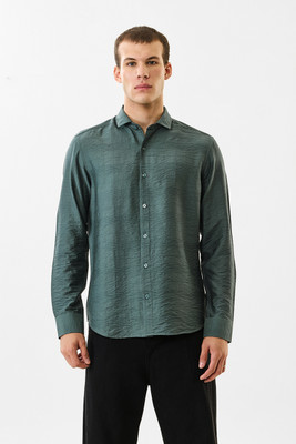 Snitch Men Self Design Casual Dark Green Shirt