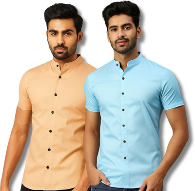 CROWNTAIL Men Solid Casual Orange, Light Blue Shirt(Pack of 2)