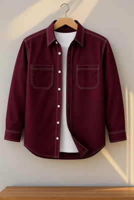 FOXEY Men Solid Casual Maroon Shirt