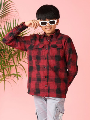 V-MART Boys Checkered Casual Maroon Shirt
