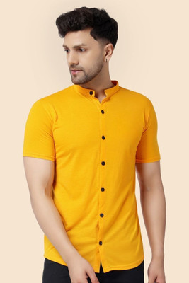 GEUM Men Solid Casual Yellow Shirt