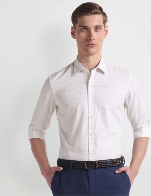 Arrow Newyork Men Checkered Formal White, Brown Shirt