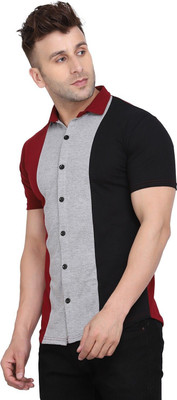 GEUM Men Color Block Formal Maroon, Black, Grey Shirt