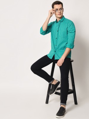 Surhi Men Striped Casual Green, White Shirt