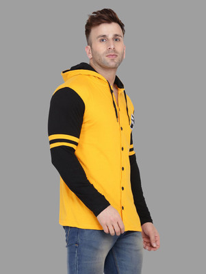 HouseOfCommon Men Self Design Casual Yellow, Black Shirt