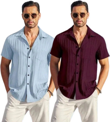 METRONAUT Men Self Design Casual Light Blue, Red Shirt(Pack of 2)