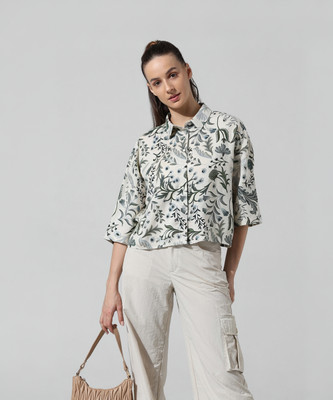 ONLY Women Printed Casual Grey, White, Dark Green Shirt