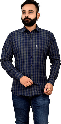 Marc Laurent Men Checkered Casual Dark Blue Shirt