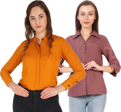 Miranga Women Solid Casual Yellow, Pink Shirt(Pack of 2)