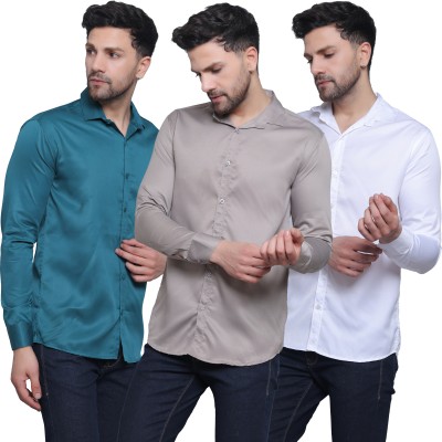 FILNECH Men Solid Casual White, Grey, Blue Shirt(Pack of 3)