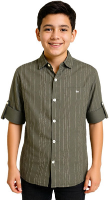 Charchit Boys Striped Casual Dark Green Shirt