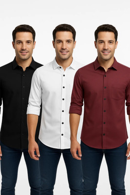 Kunashk creations Men Solid Casual White, Black, Maroon Shirt(Pack of 3)