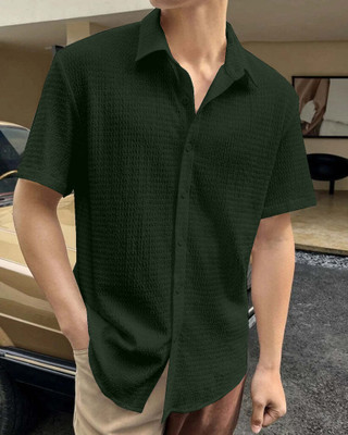 V M FASHION Men Self Design Casual Green Shirt