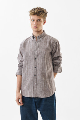 Snitch Men Striped Casual Brown Shirt