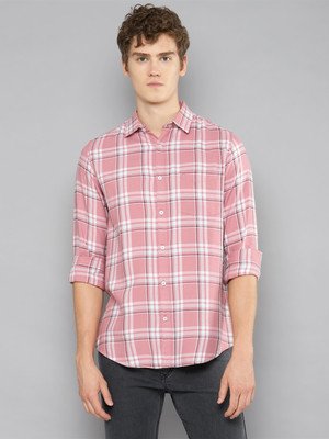 Allen Cooper Men Checkered Casual Pink, White Shirt