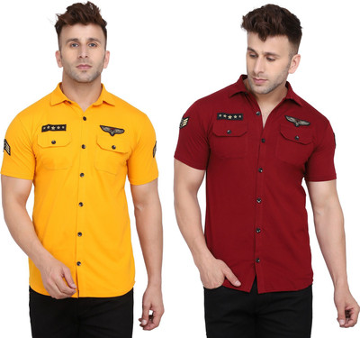 GEUM Men Solid Casual Maroon, Yellow Shirt(Pack of 2)