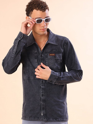 V-MART Men Self Design Casual Grey Shirt