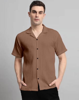 kruze Men Self Design, Striped Casual Brown Shirt