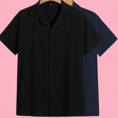 Jenil Fashion Men Self Design Casual Black, Dark Blue Shirt(Pack of 2)