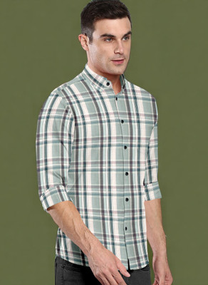 CLOSWIF Men Checkered Casual Green Shirt